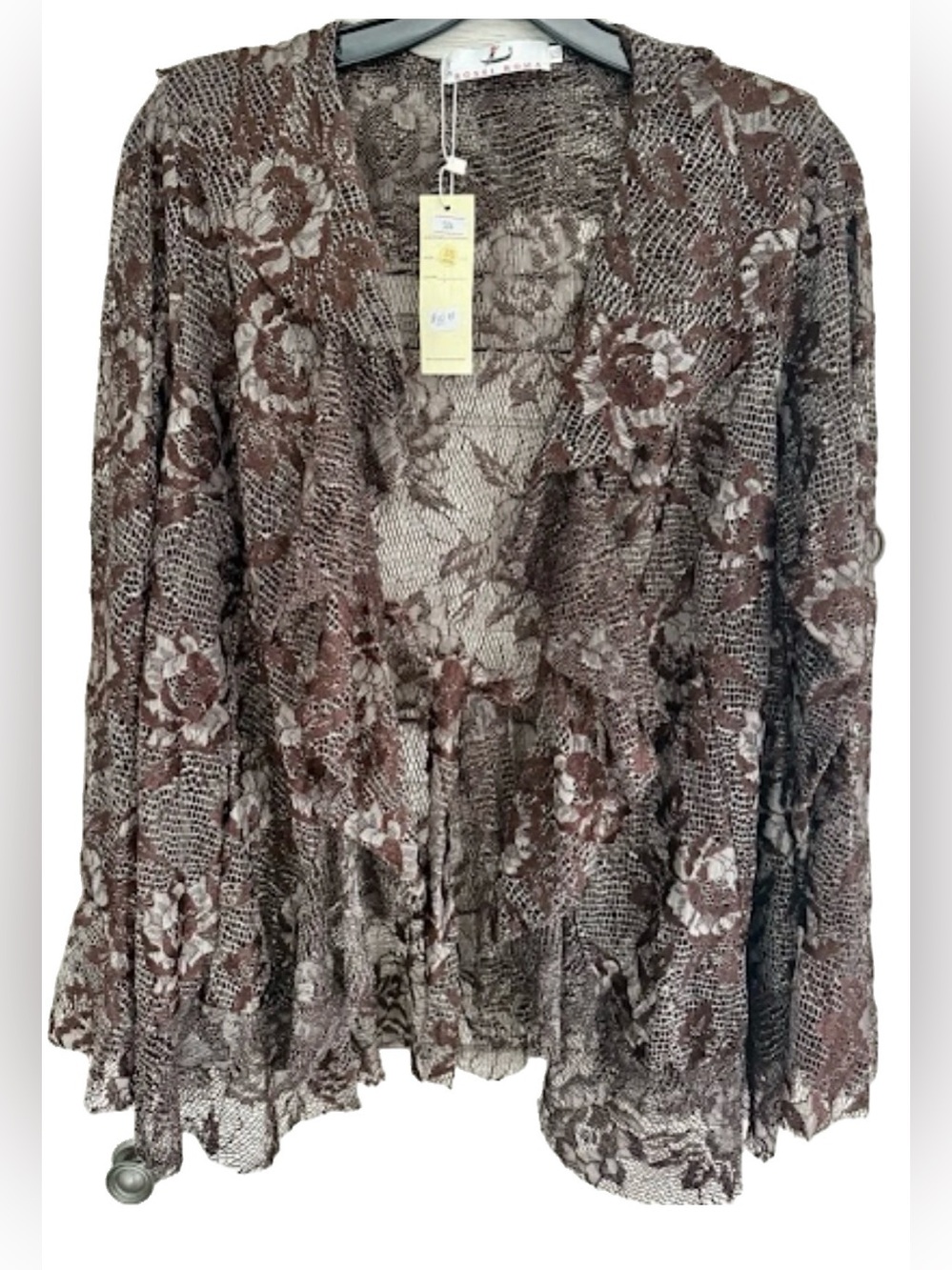 NWT Rossi Roma Sheer Floral Lace Cardigan Jacket Tie Front Ruffle (XL/XXL)